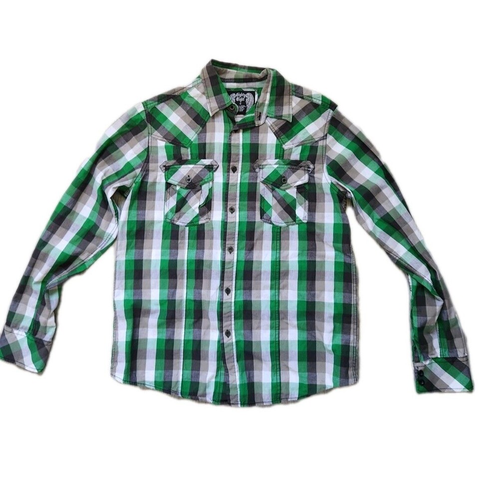 Eight Eight Plaid Button Down Shirt Green Gray Western Pockets Sz S Cotton EUC